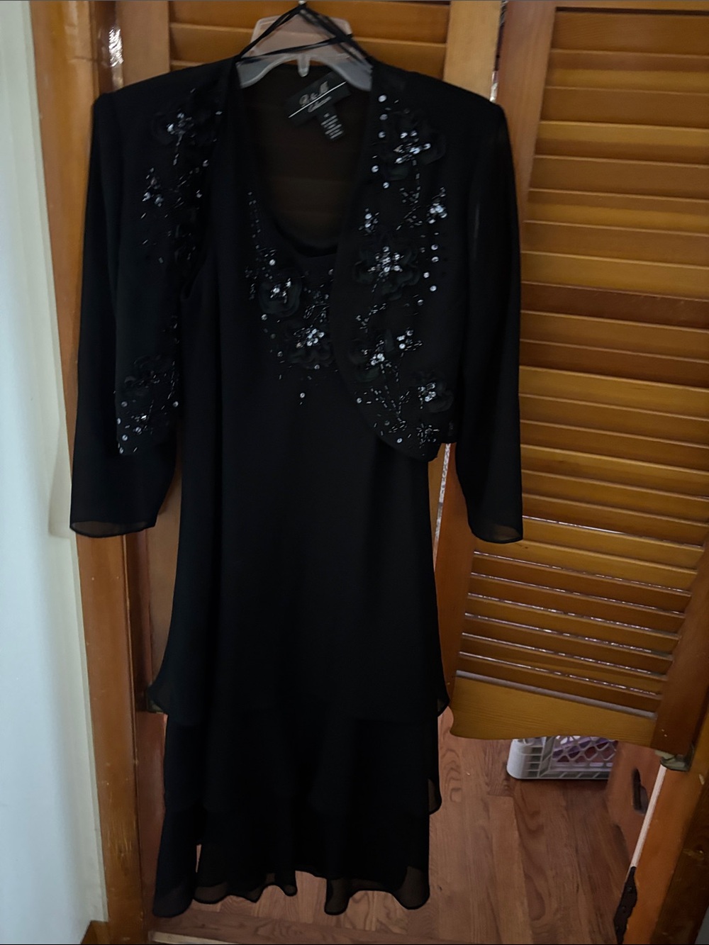 Beaded Black Layered Long-Sleeve Dress with Jacket